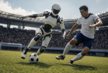 Robô humanoide participa de uma demonstração de futebol em ambiente aberto, sem textos, números ou logotipos visíveis.