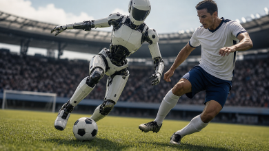 Robô humanoide participa de uma demonstração de futebol em ambiente aberto, sem textos, números ou logotipos visíveis.