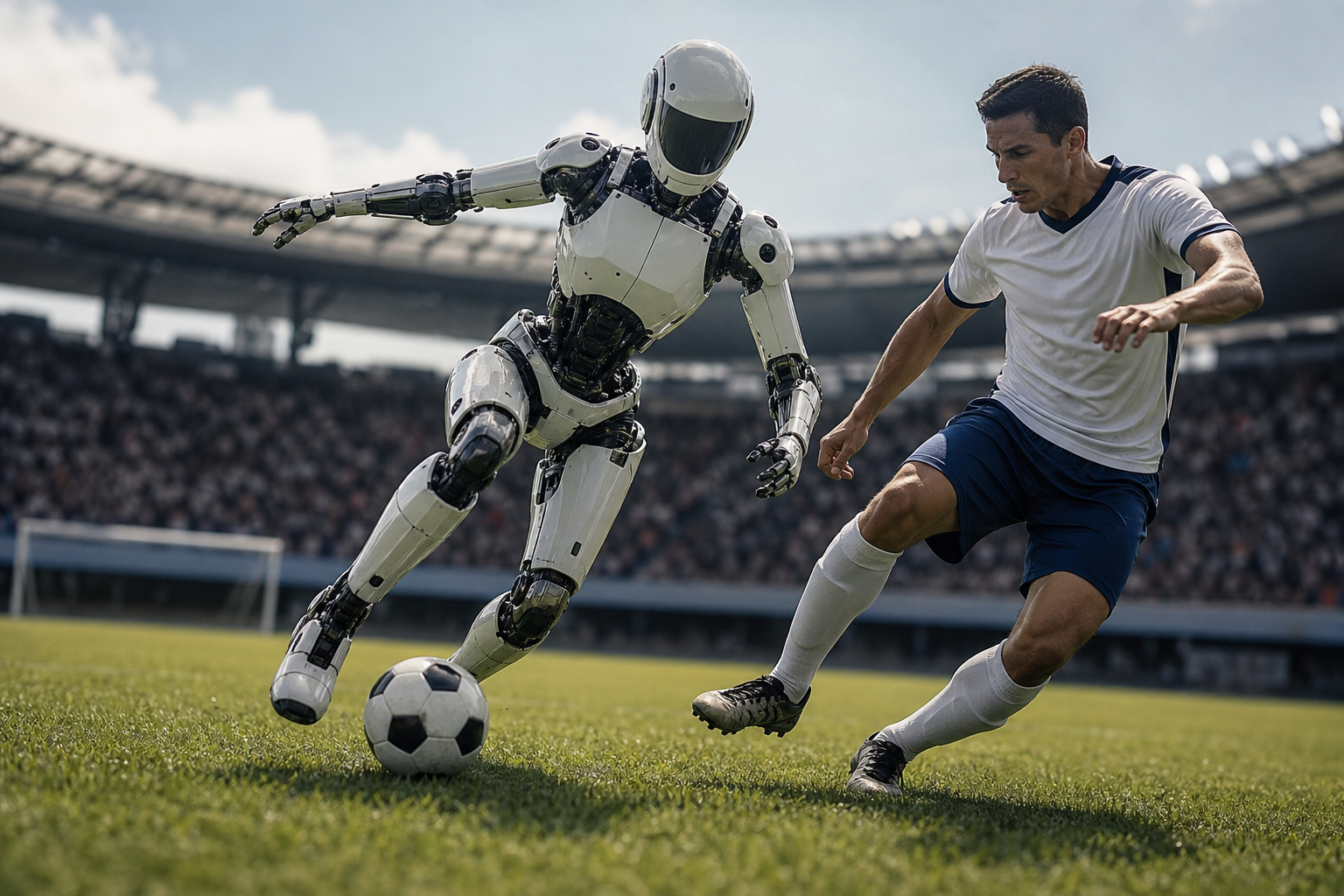 Robô humanoide participa de uma demonstração de futebol em ambiente aberto, sem textos, números ou logotipos visíveis.